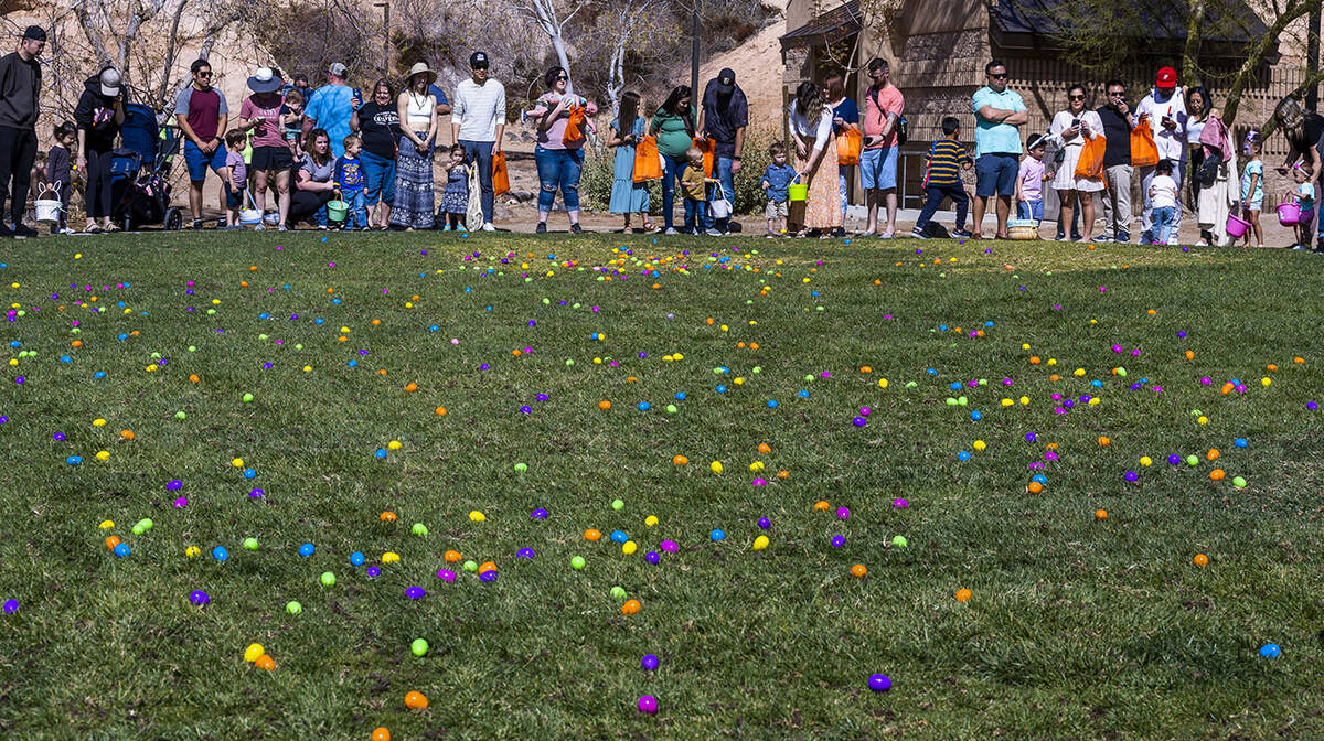 Parents and their children ages 1-3 await the start of their egg hunt during the annual Spring ...