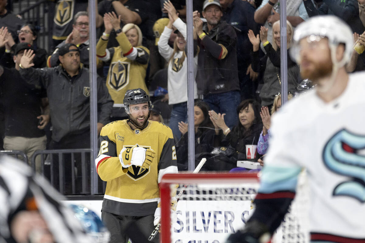 Golden Knights right wing Michael Amadio (22) celebrates after scoring during the first period ...
