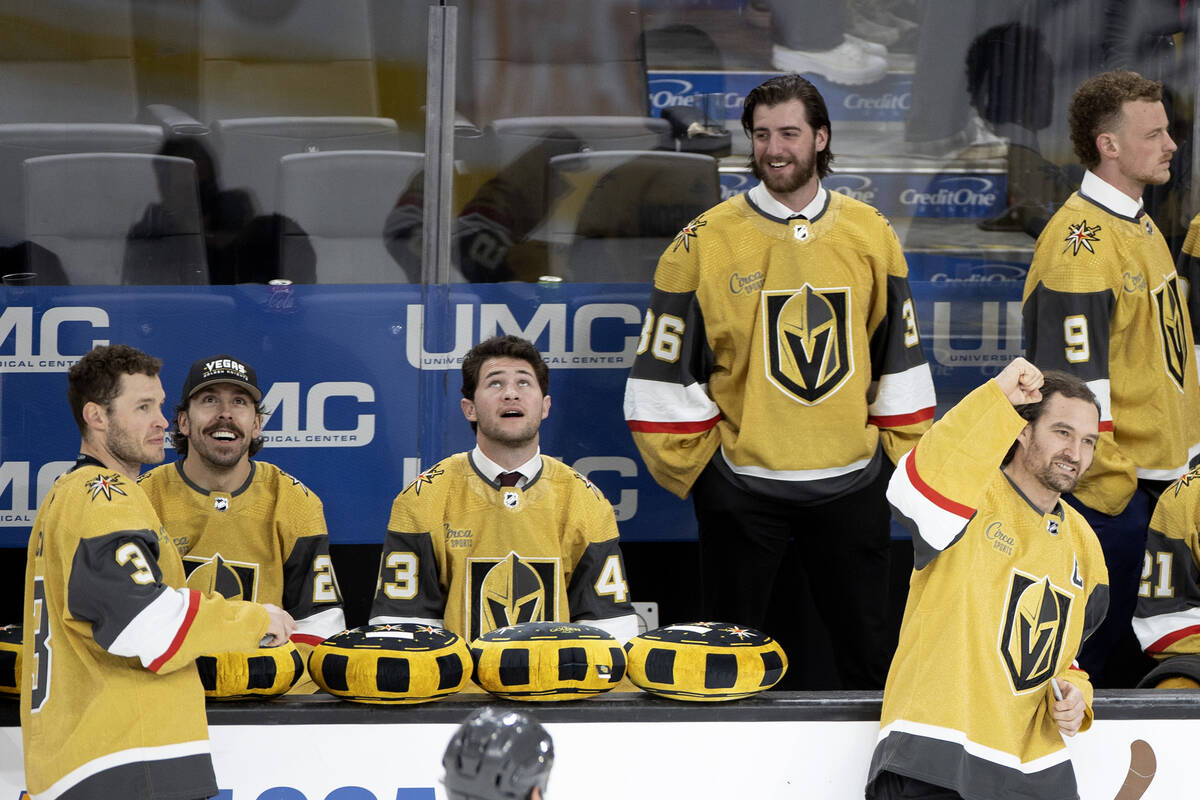 Golden Knights players take in the applause on Fan Appreciation Nigh after winning an NHL hocke ...