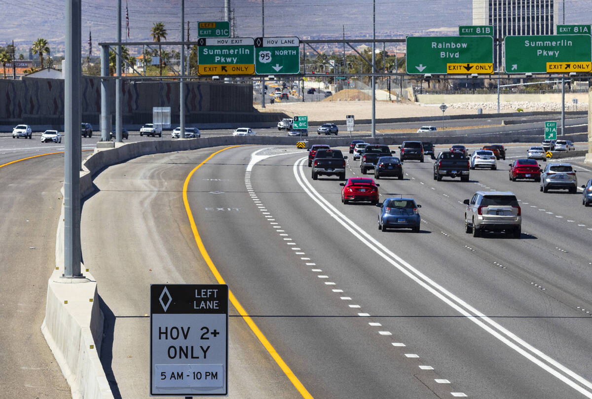 HOV lanes, center, are seen as motorist navigate on south and northbound Interstate 15, on Mond ...