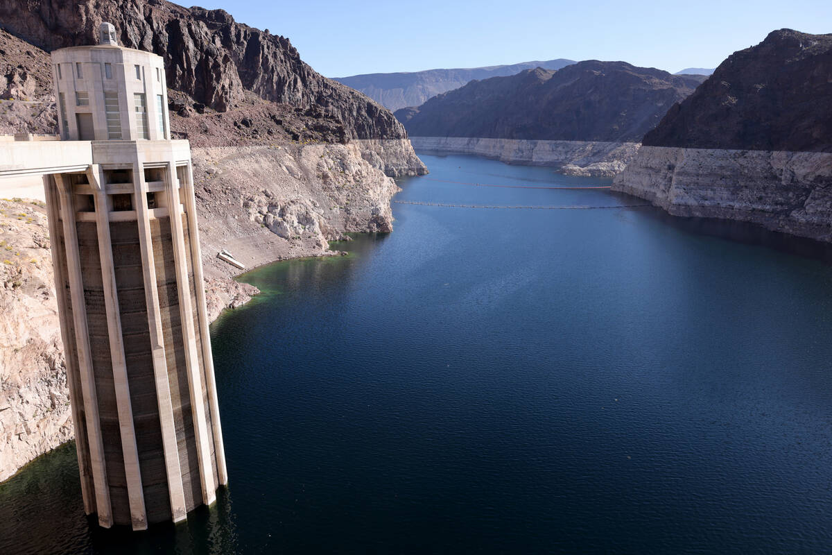 Lake Mead and the “bathtub ring” are shown with a Nevada intake tower at Hoover D ...