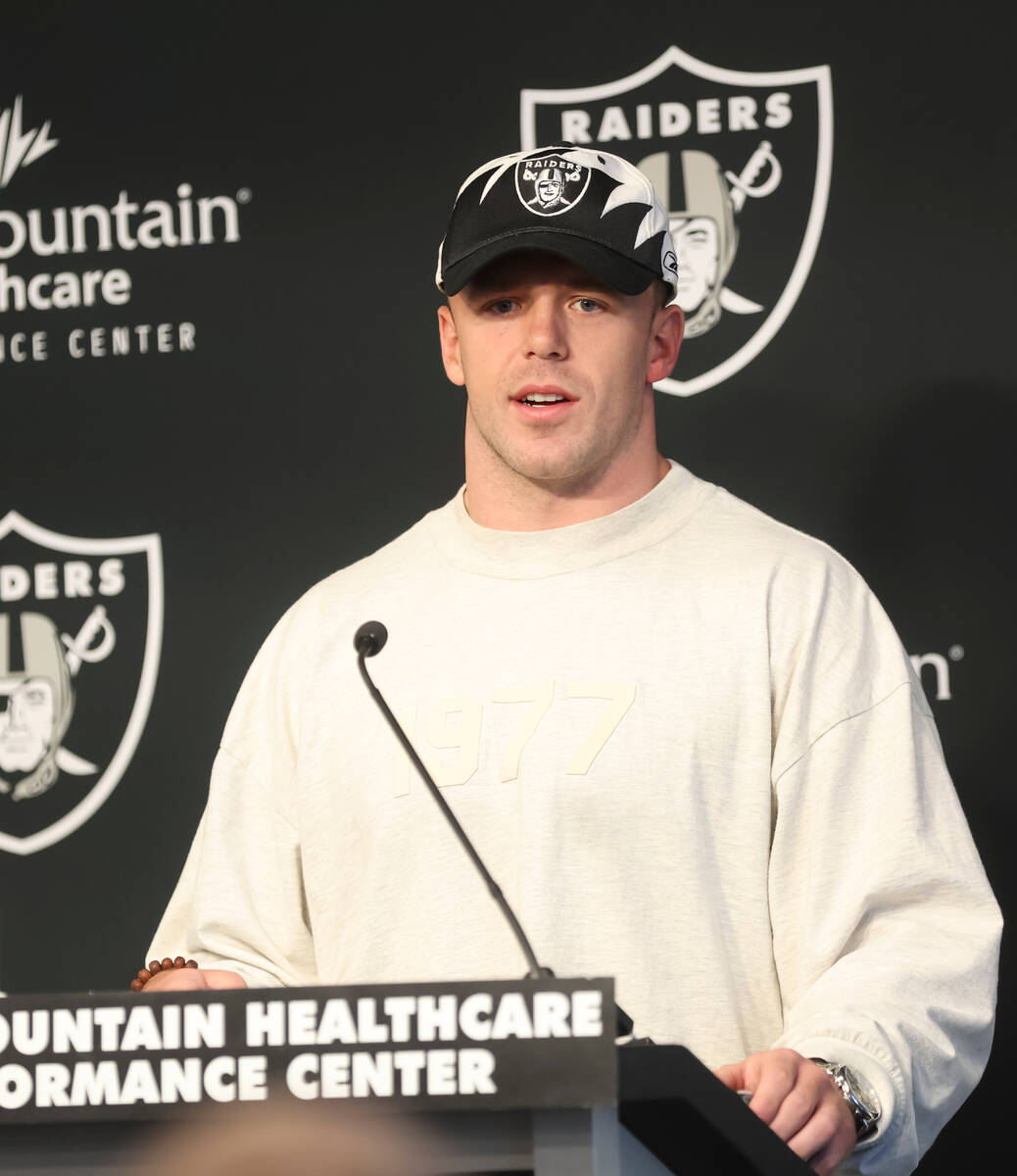 Newly acquired Raiders linebacker Robert Spillane addresses the media at Raiders Headquarters a ...