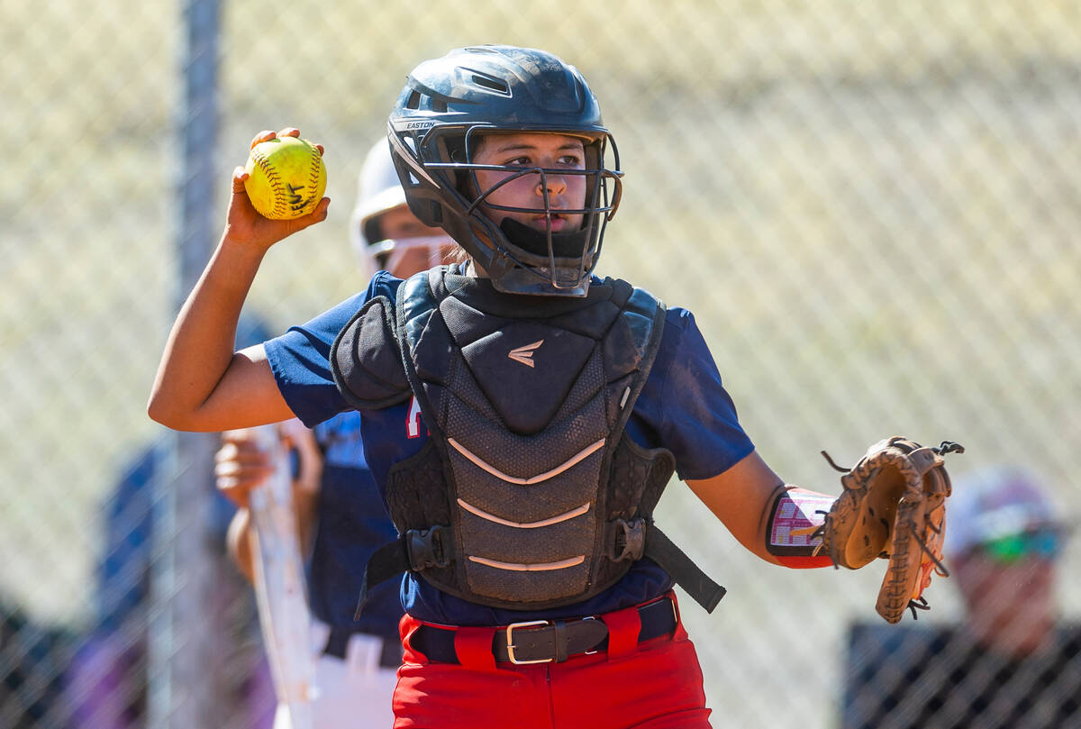 Liberty catcher Vanessa Saenz looks to throw to second base against Centennial in the second in ...