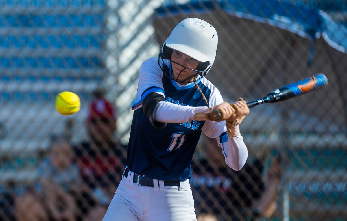 Centennial batter Jill Halas eyes a pitch against Liberty in the fifth inning during their NIAA ...