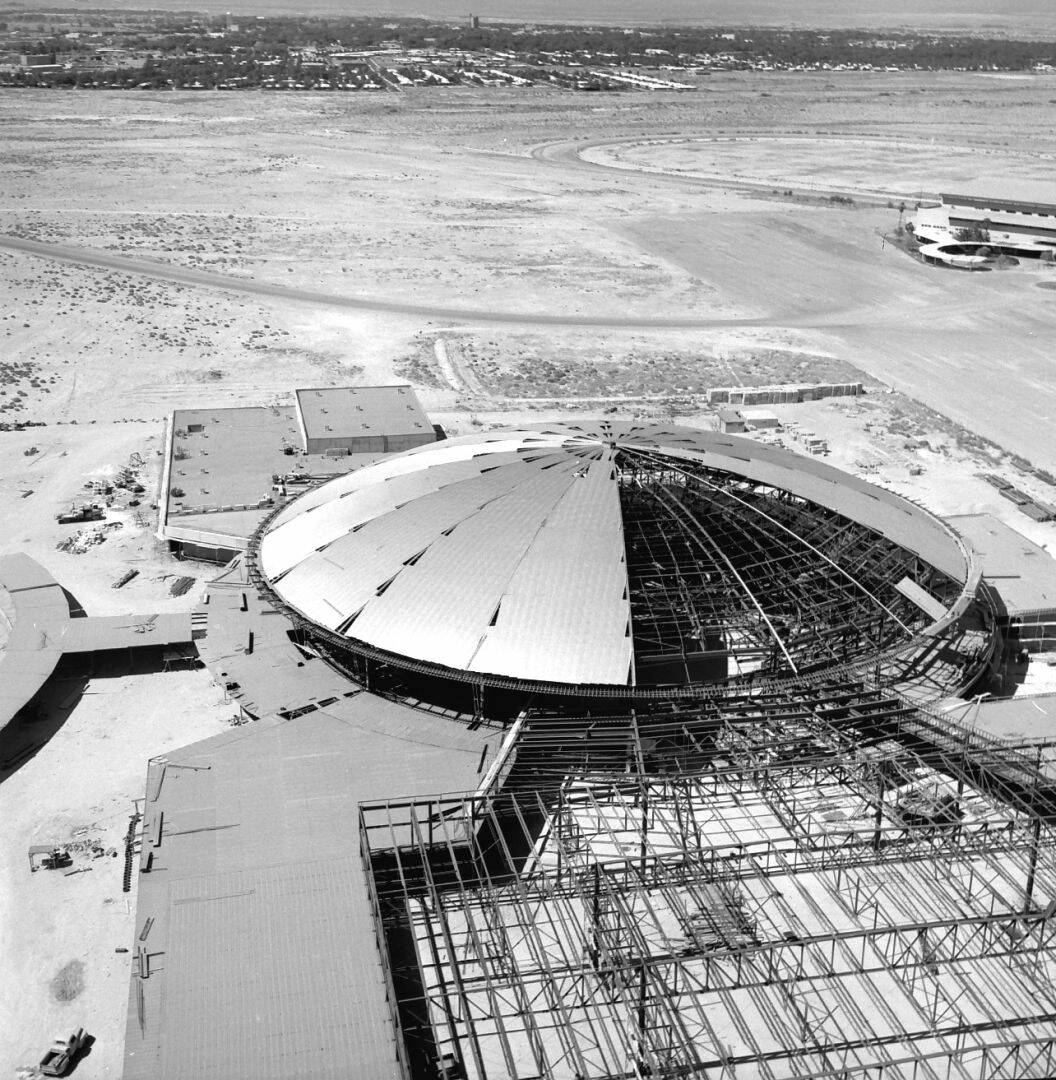 Las Vegas Convention Center aerials with the roof are partly completed in July of 1958 (Photo c ...