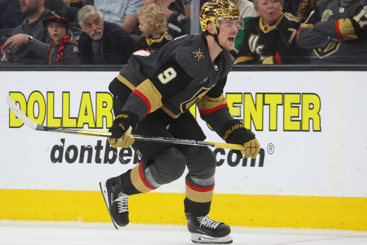 Golden Knights center Jack Eichel (9) shouts to teammates during the third period of an NHL hoc ...