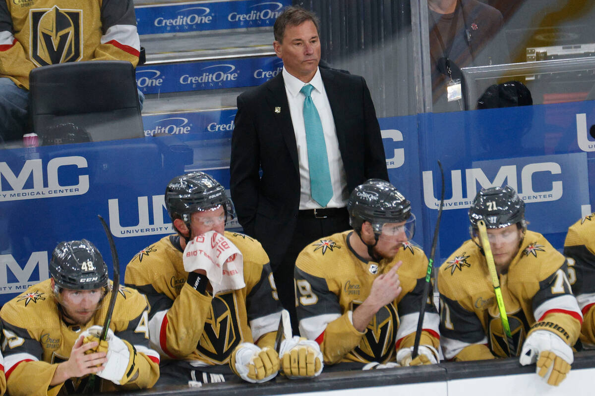 Vegas Golden Knights head coach Bruce Cassidy is seen during the third period of an NHL hockey ...