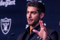 Jimmy Garoppolo speaks during a press conference at the Raiders Headquarters and Intermountain ...