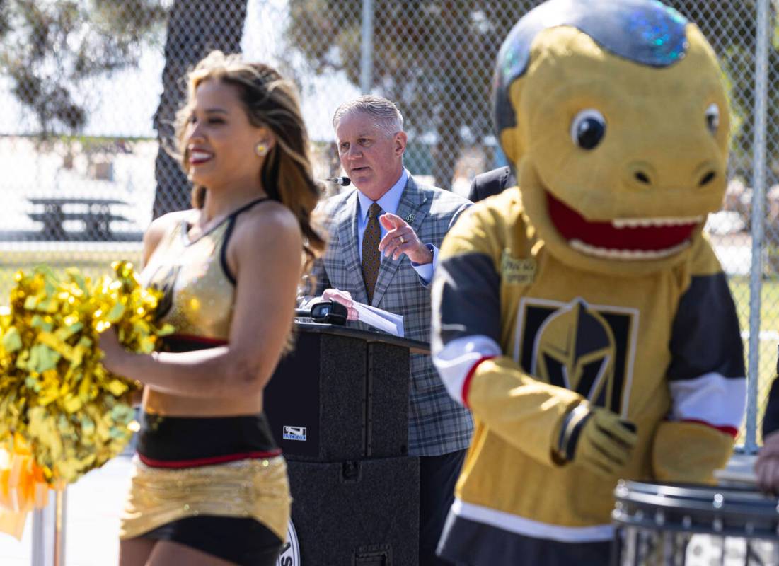 Vegas Golden Knights President Kerry Bubolz, center, speaks during the ribbon cutting ceremony ...