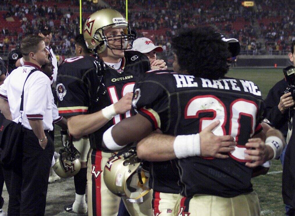 Las Vegas running back Rod "He Hate Me" Smart celebrates the Outlaws 19-0 victory over the New ...
