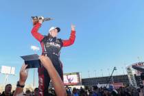 Erica Enders enters the stage after winning the Pro Stock Nevada Nationals for NHRA at the Las ...