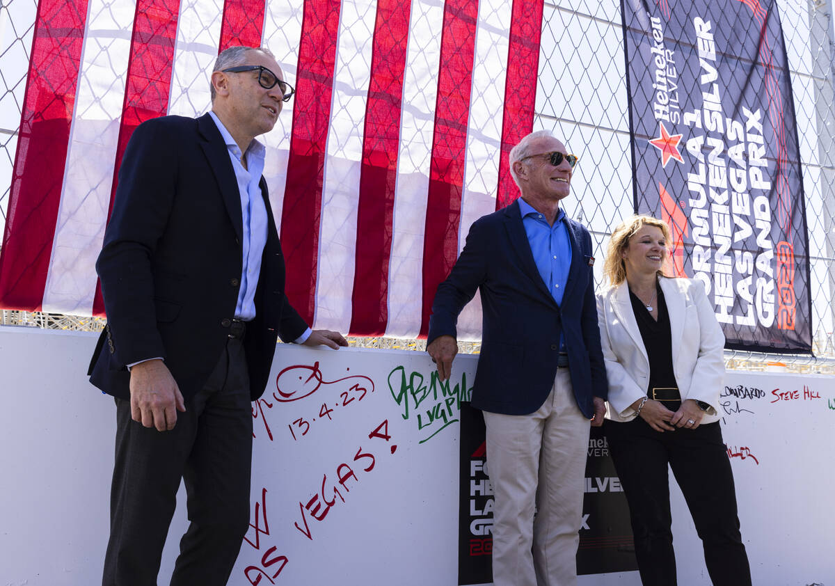 Formula One CEO Stefano Domenicali, left, Liberty Media CEO Greg Maffei, and LV Grand Prix CEO ...