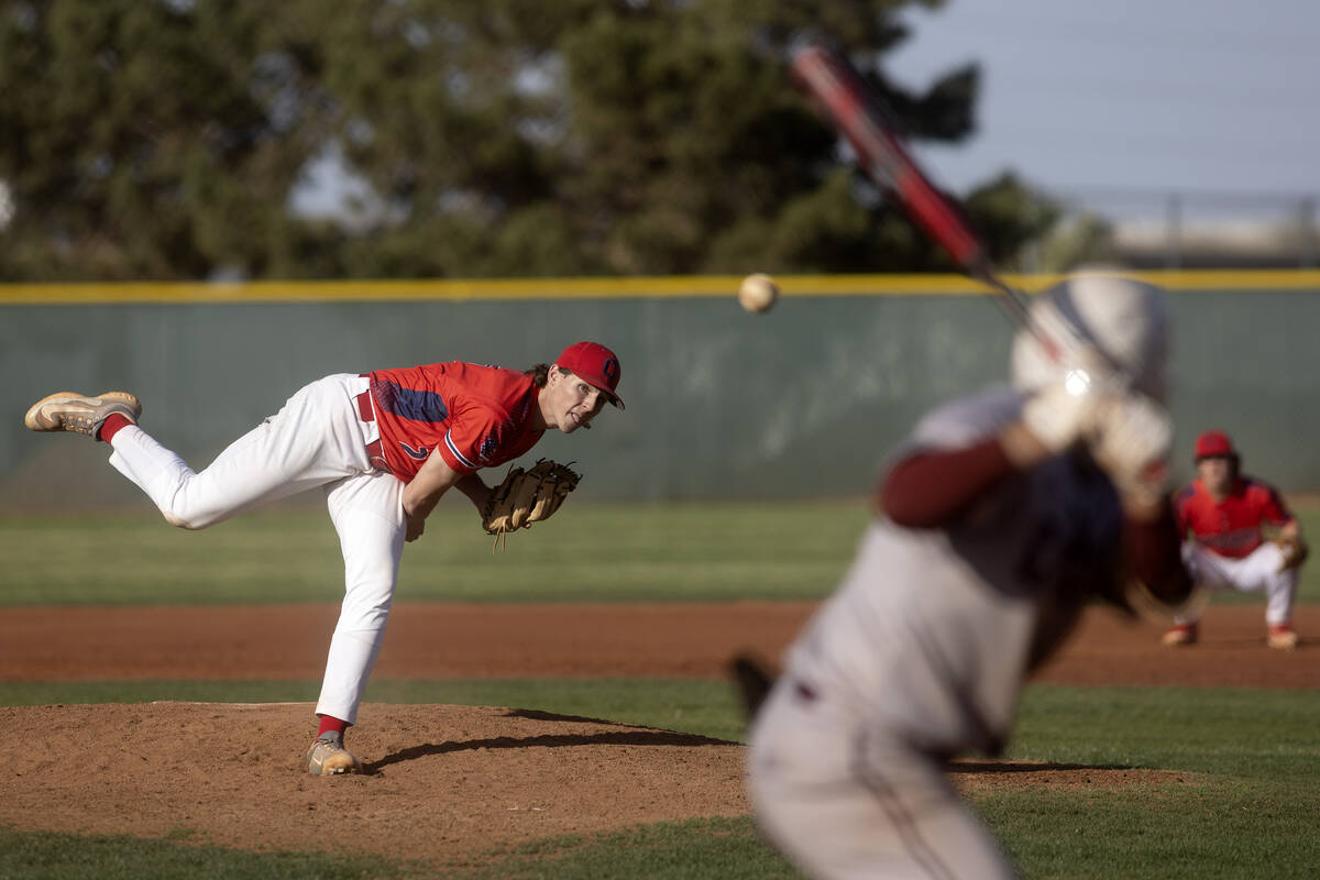 Coronado pitcher Brigham Bleazard throws to Cimarron-Memorial during a high school baseball gam ...
