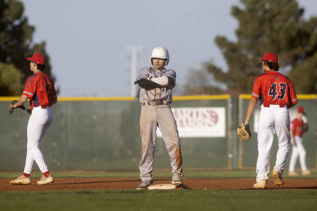 Cimarron-Memorial’s Brayan Sanchez reacts after hitting a double during a high school ba ...