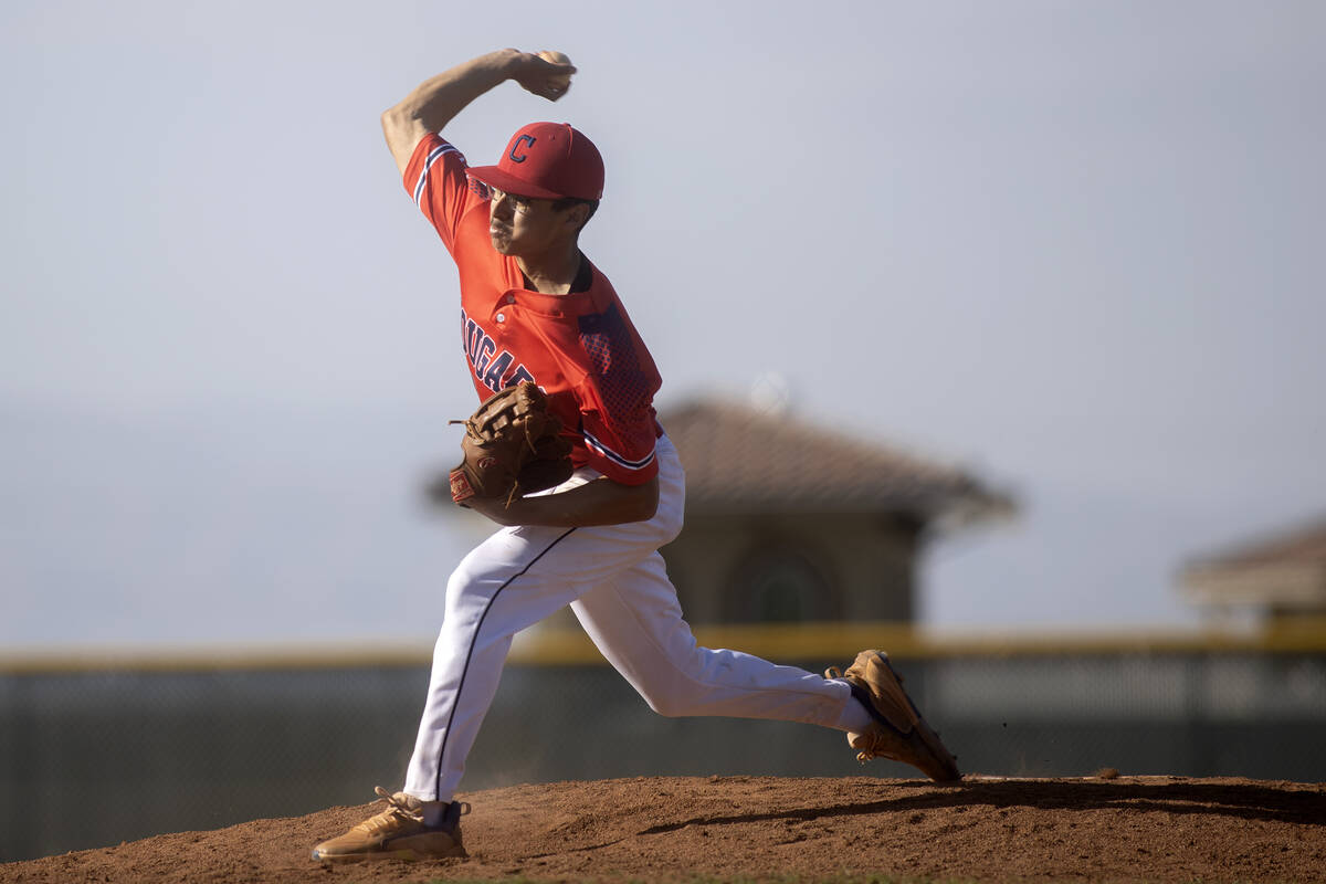 Coronado’s Michael Cortez pitches to Cimarron-Memorial during a high school baseball gam ...