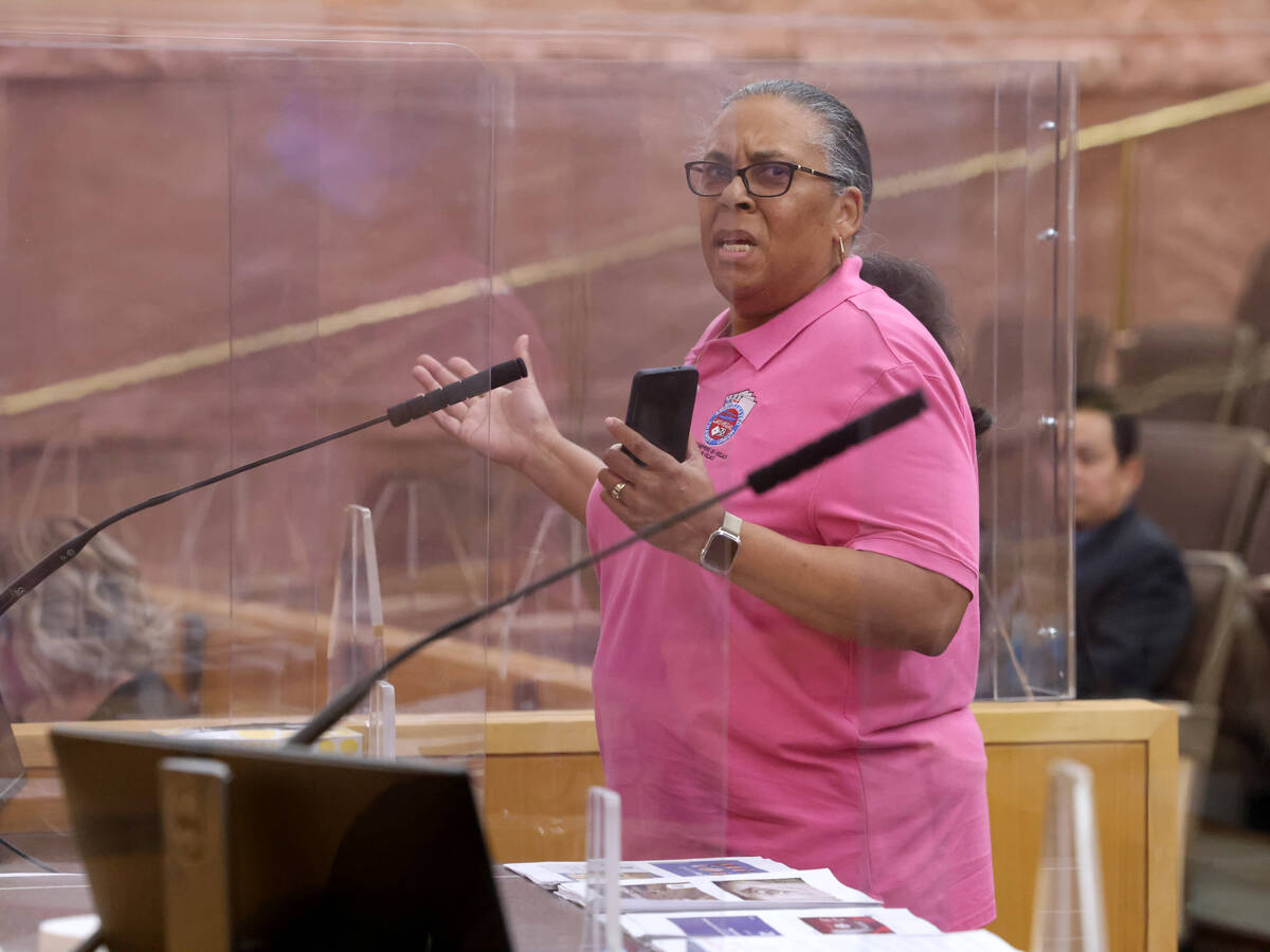 Bus driver and vice president of the Amalgamated Transit Union, Local 1637, Sandra Adams, speak ...
