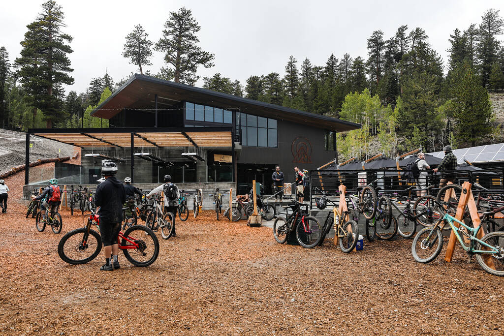 Bicyclists hang out near the restaurant and downhill mountain bike park at the Lee Canyon resor ...