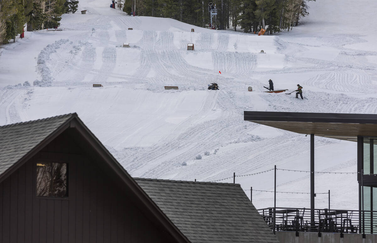Groomers work on the slope above the restaurant at the Lee Canyon ski resort on on Thursday, Ap ...