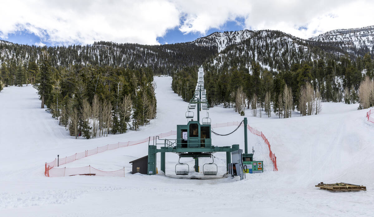 One of the lifts is idle on a maintenance day at the Lee Canyon ski resort on on Thursday, Apri ...