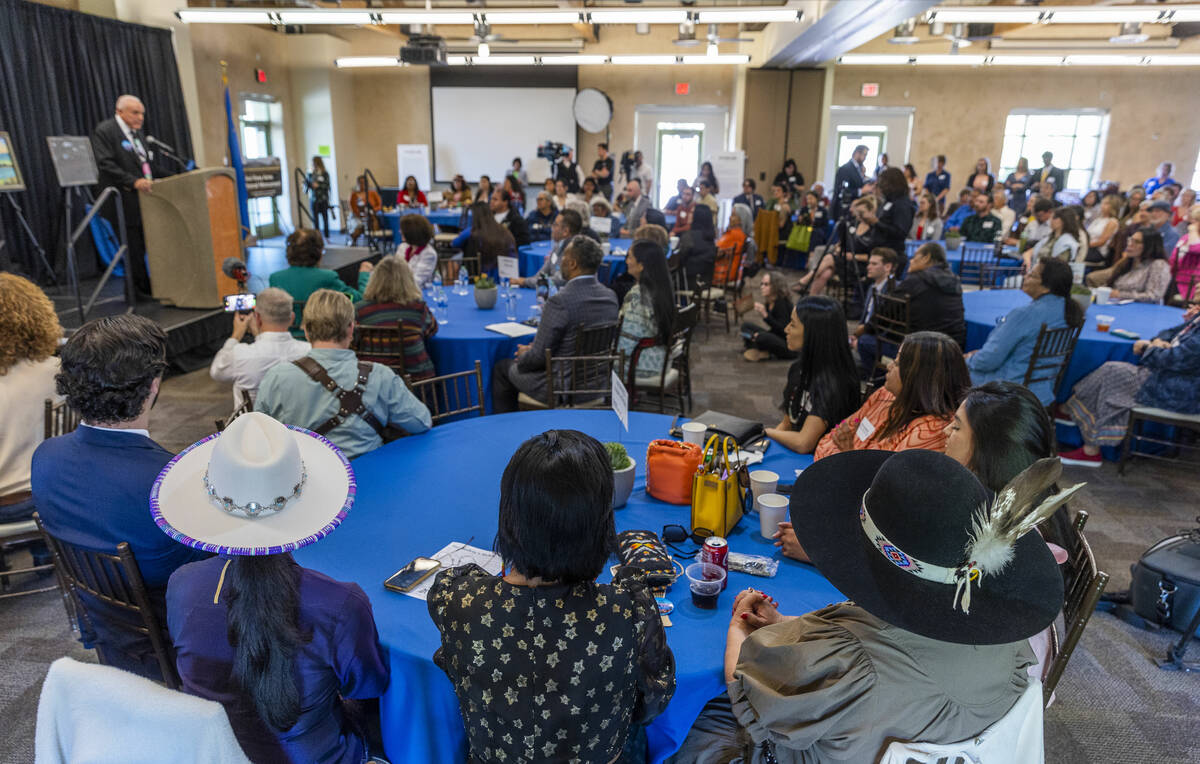 Politicians, Nevada tribal members and community members listen to longtime conservationist Ala ...
