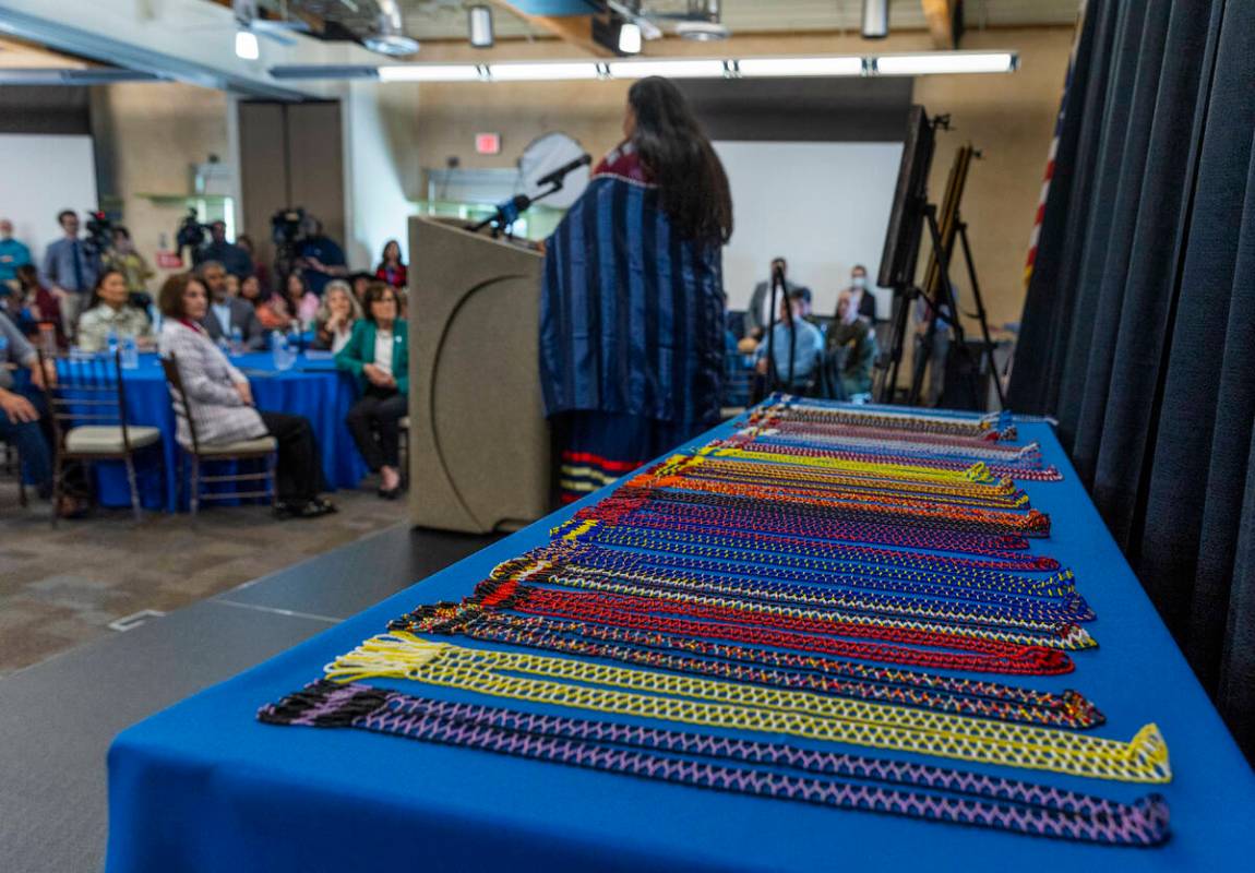 Hunaak, a beaded necklace adorned by the Mojave people and gifted to friends of the tribe are b ...