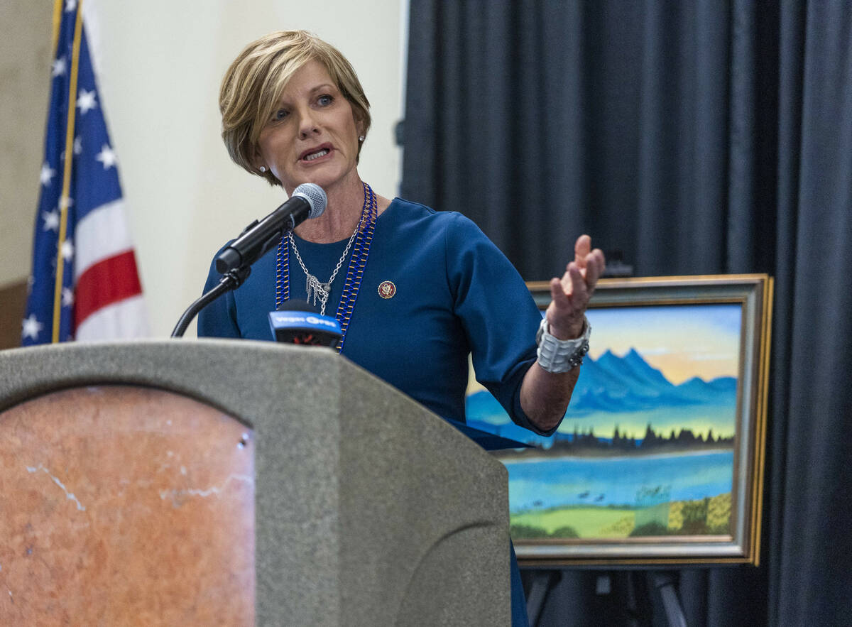 Representative Susie Lee speaks to leaders, Nevada tribal members and community members during ...