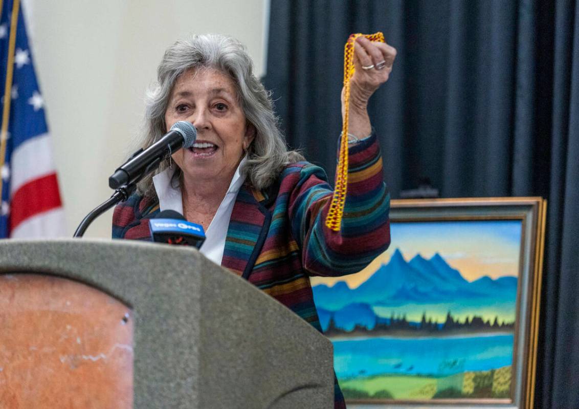 Congresswoman Dina Titus speaks about the significance of her Hunaak, a beaded necklace adorned ...