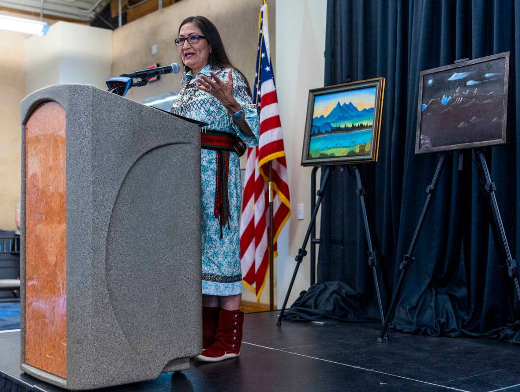 Department of Interior Secretary Deb Haaland speaks to other leaders, Nevada tribal members and ...