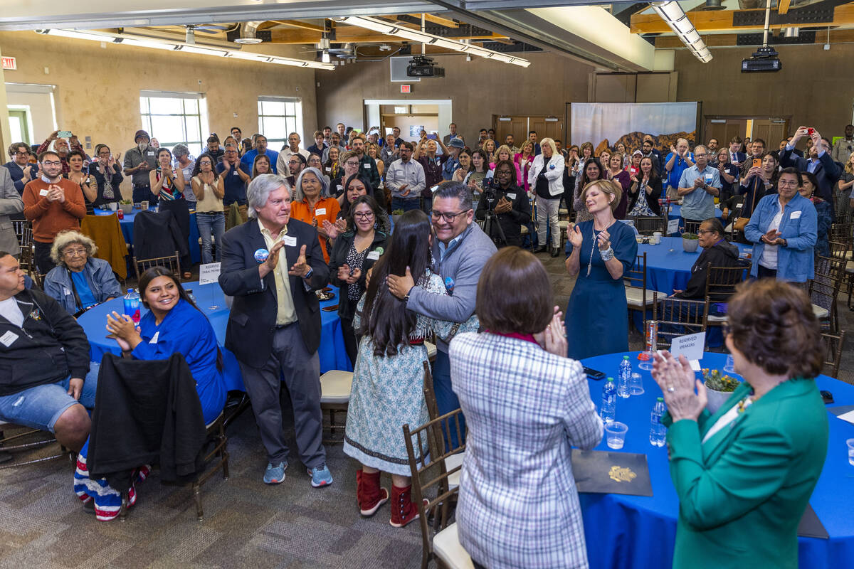 Department of Interior Secretary Deb Haaland,hugs Shan Lewis, Vice Chairman of the Fort Mojave ...