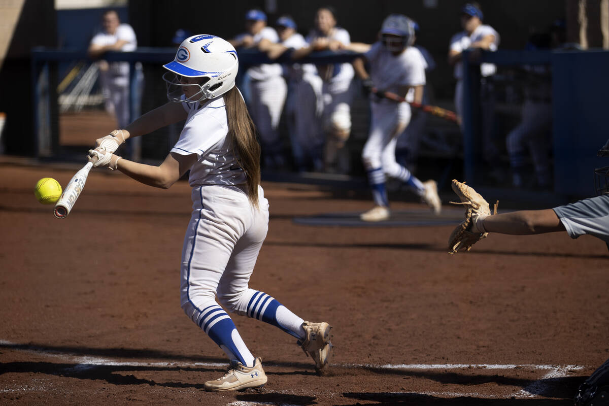 Bishop Gorman’s Sarah Fonseca bats against Tech during a high school softball game at Bi ...