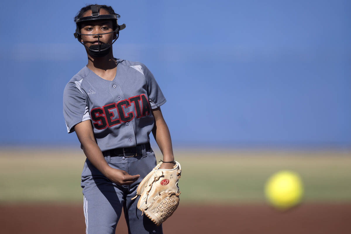 Tech pitcher Bea Robinson throws to Bishop Gorman during a high school softball game at Bishop ...