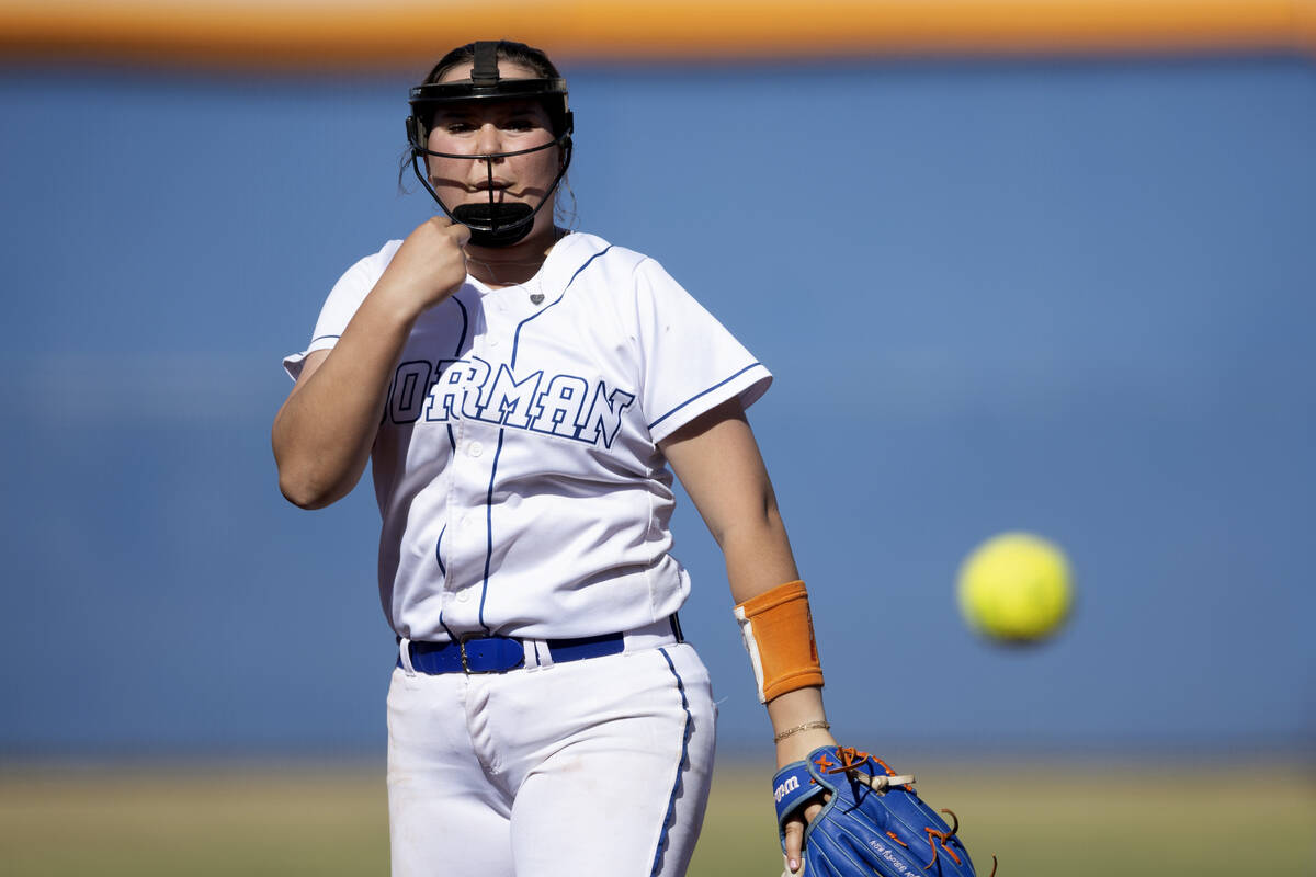 Bishop Gorman pitcher Jordyn Fray throws to Tech during a high school softball game at Bishop G ...