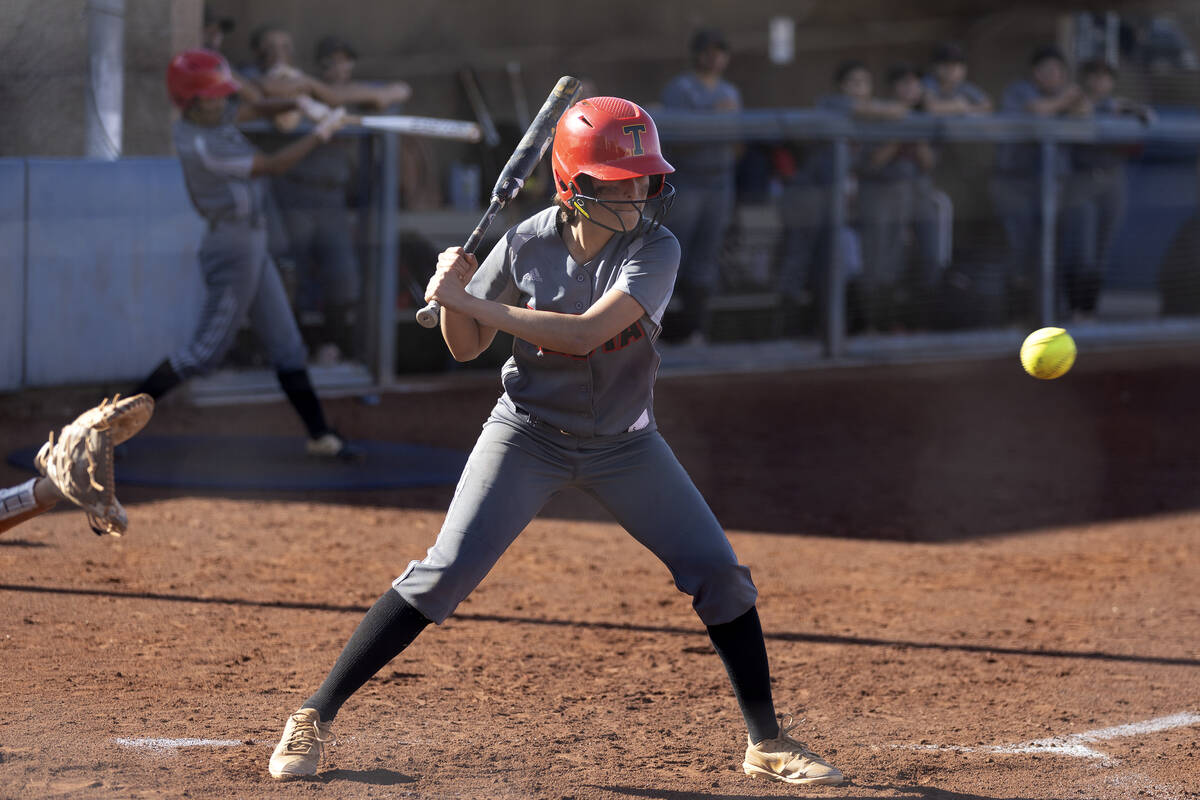 Tech’s Lynette Diaz bats against Bishop Gorman during a high school softball game at Bis ...