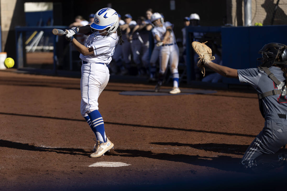 Bishop Gorman’s Sarah Fonseca bats against Tech during a high school softball game at Bi ...