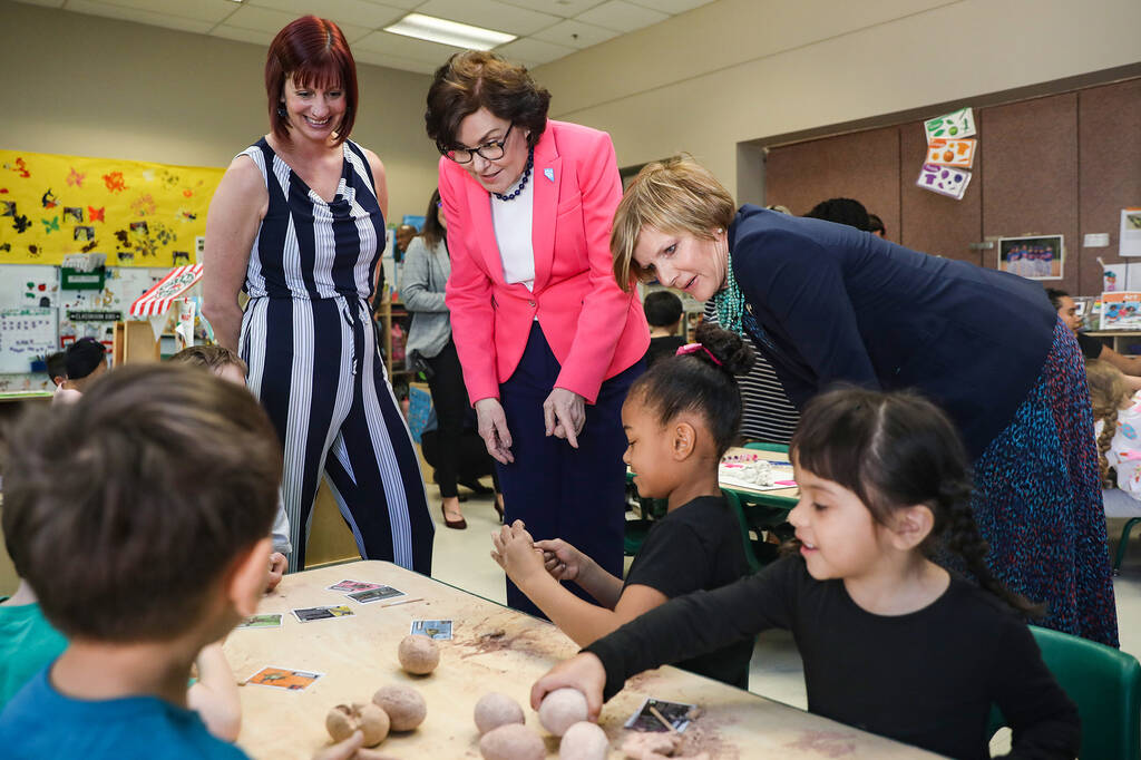 Brianna Barber, executive director, left, Sen. Jackie Rosen, D-Nev., center, and U.S. Rep. Susi ...