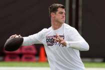 Stanford quarterback Tanner McKee throws during the school's NFL Pro Day in Stanford, Calif., W ...