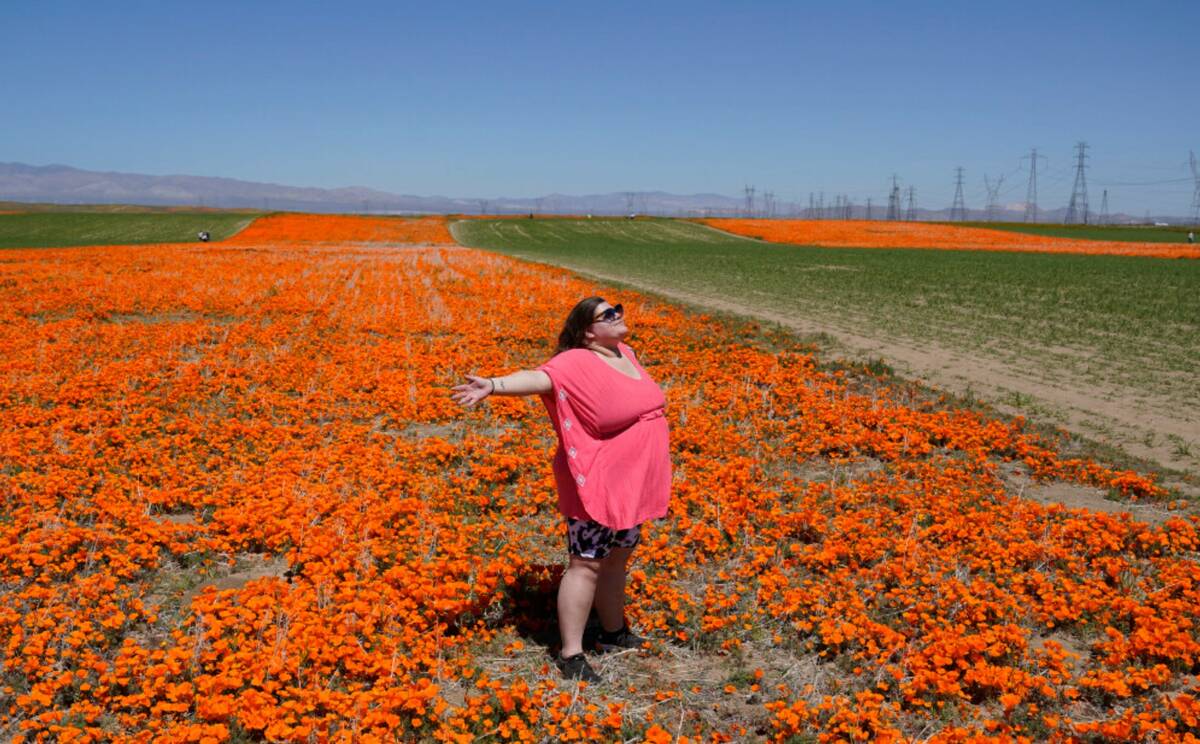 Laila Treadwell, visiting from Atlanta, poses for photos on a field near the Antelope Valley Ca ...