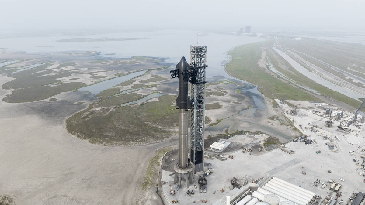 This undated photo provided by SpaceX shows the company's Starship rocket at the launch site in ...
