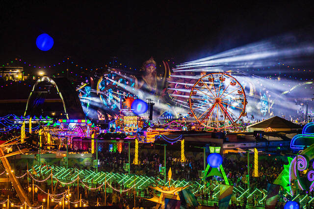 Fireworks light up the night sky above Electric Daisy Carnival at Las Vegas Motor Speedway, in ...