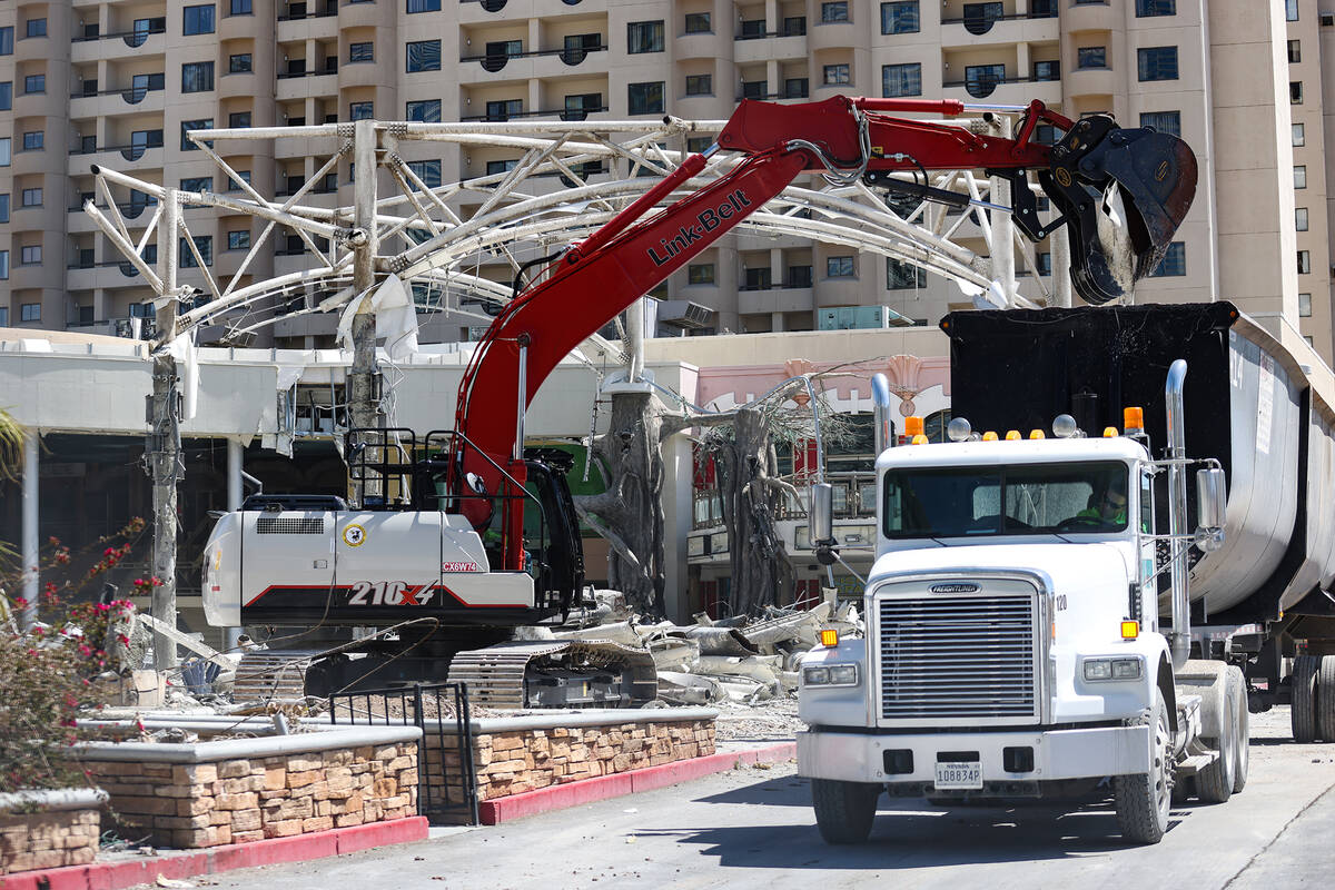 Workers demolish the former Hawaiian Marketplace on Las Vegas Boulevard, Monday, April 17, 2023 ...