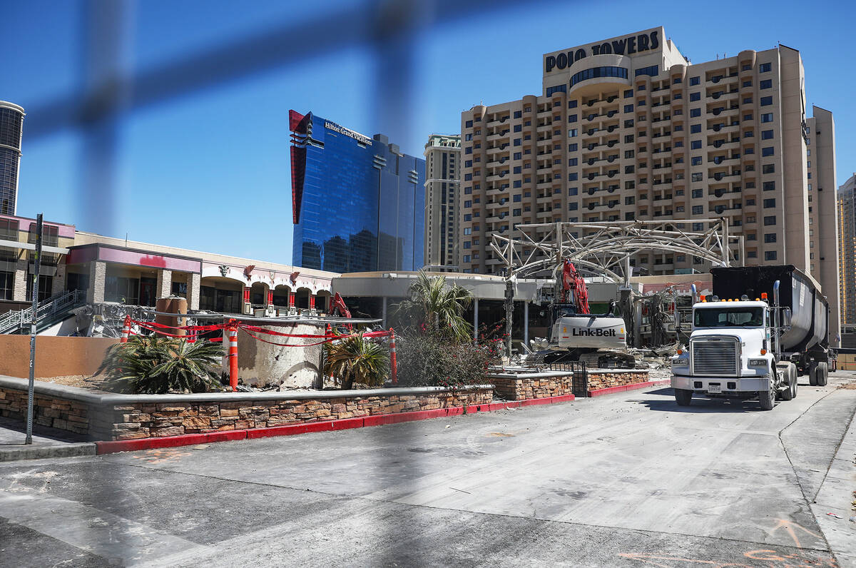 Workers demolish the former Hawaiian Marketplace on Las Vegas Boulevard, Monday, April 17, 2023 ...