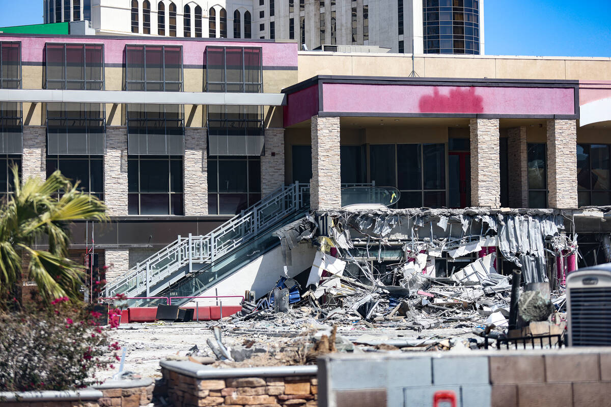 Workers demolish the former Hawaiian Marketplace on Las Vegas Boulevard, Monday, April 17, 2023 ...