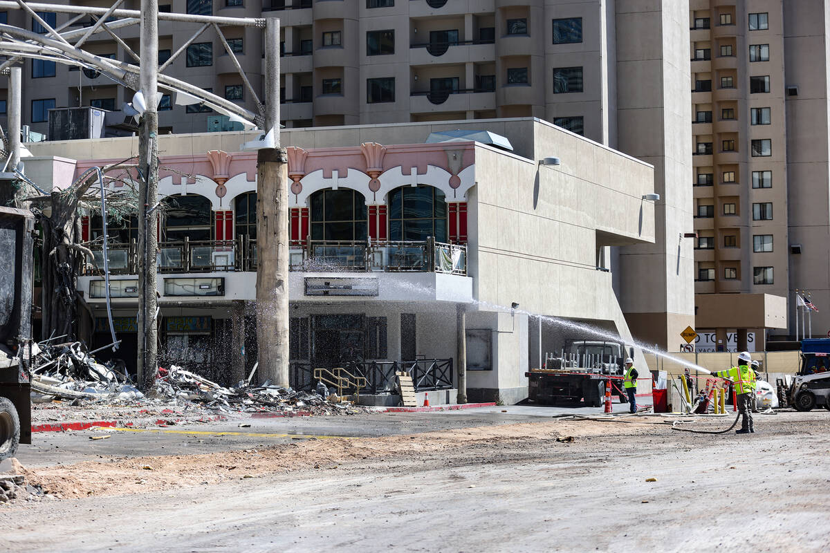 Workers demolish the former Hawaiian Marketplace on Las Vegas Boulevard, Monday, April 17, 2023 ...