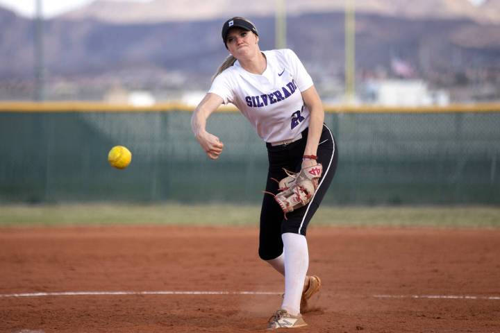 Silverado’s Macy Magdaleno throws to Desert Oasis during a high school softball game at ...