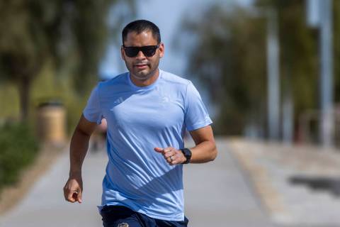 Eddie Saiz trains for the Boston Marathon at Cornerstone Park on Wednesday, April 12, 2023, in ...