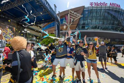 Golden Knights fans toss streamers outside before the start of Game 1 of the NHL hockey Stanley ...