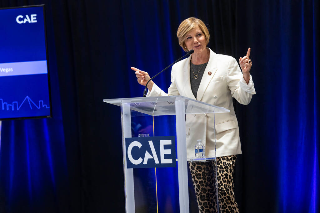 Rep. Susie Lee, D-Nev., speaks during a ribbon-cutting ceremony for CAE’s new flight training ...