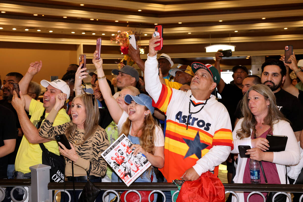 Fans cheer during the Gervonta Davis-Ryan Garcia grand arrivals event at MGM Grand Tuesday, Apr ...