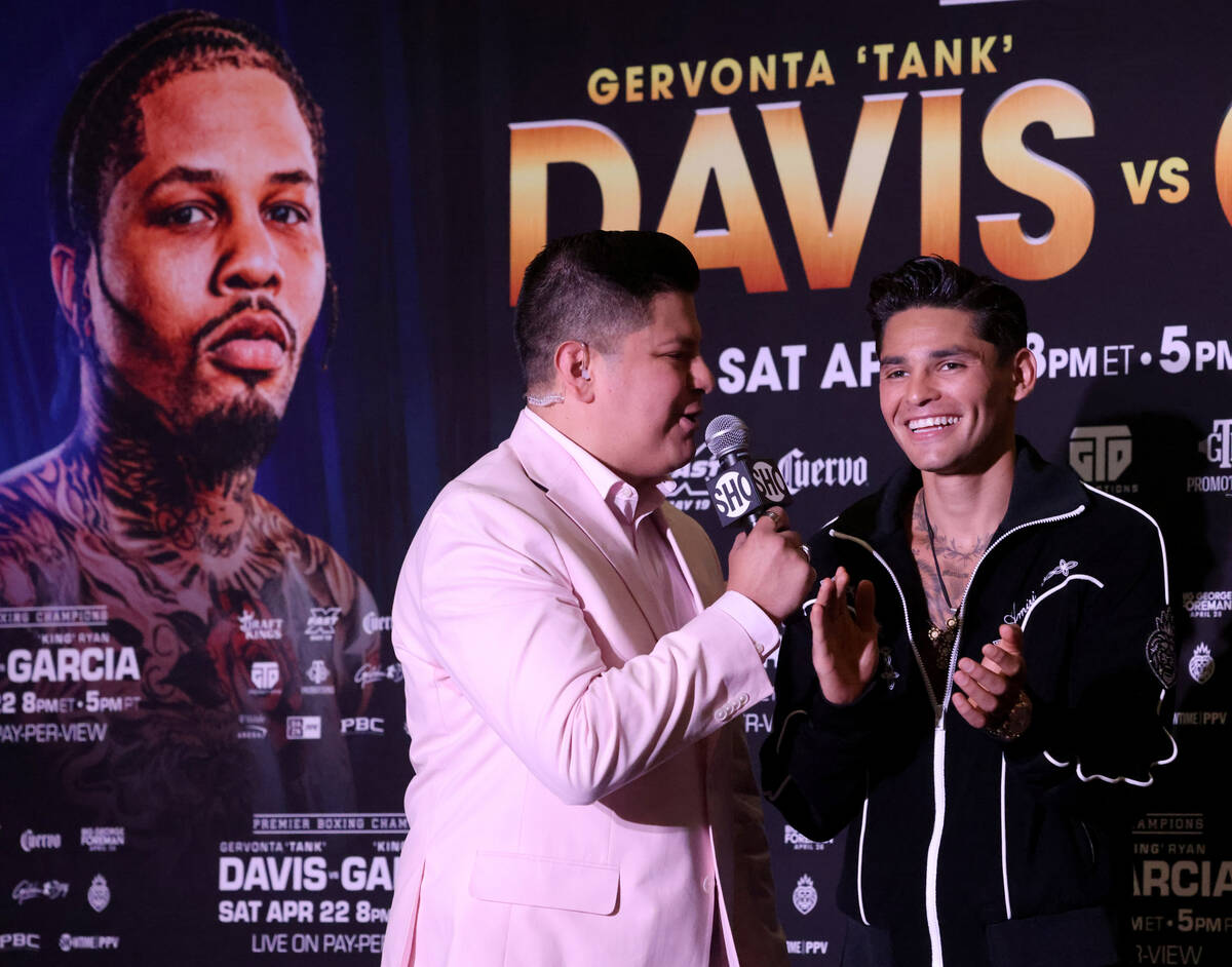 Ryan Garcia, right, talks to Premier Boxing Champions host Ray Flores during his grand arrival ...