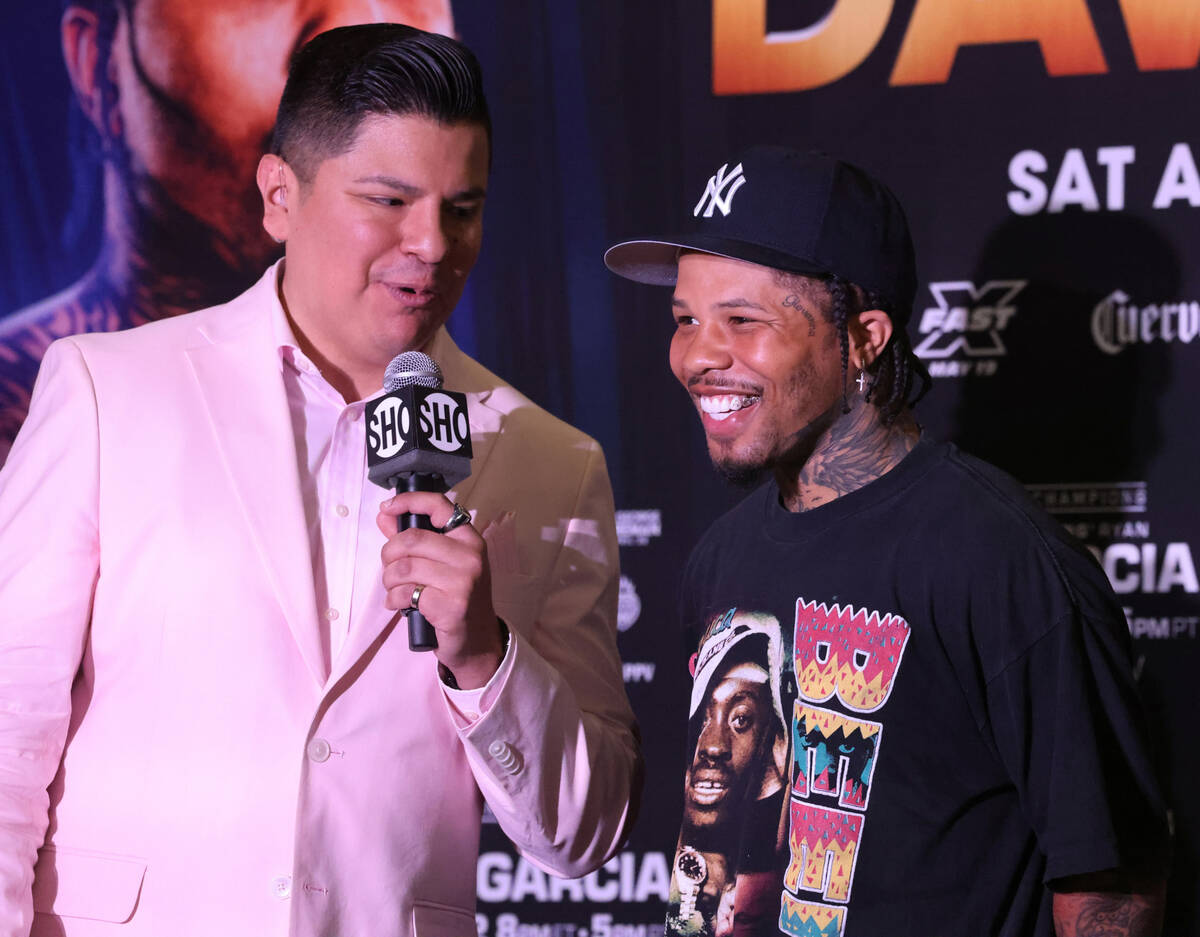 Gervonta Davis, right, talks to Premier Boxing Champions host Ray Flores during his grand arriv ...
